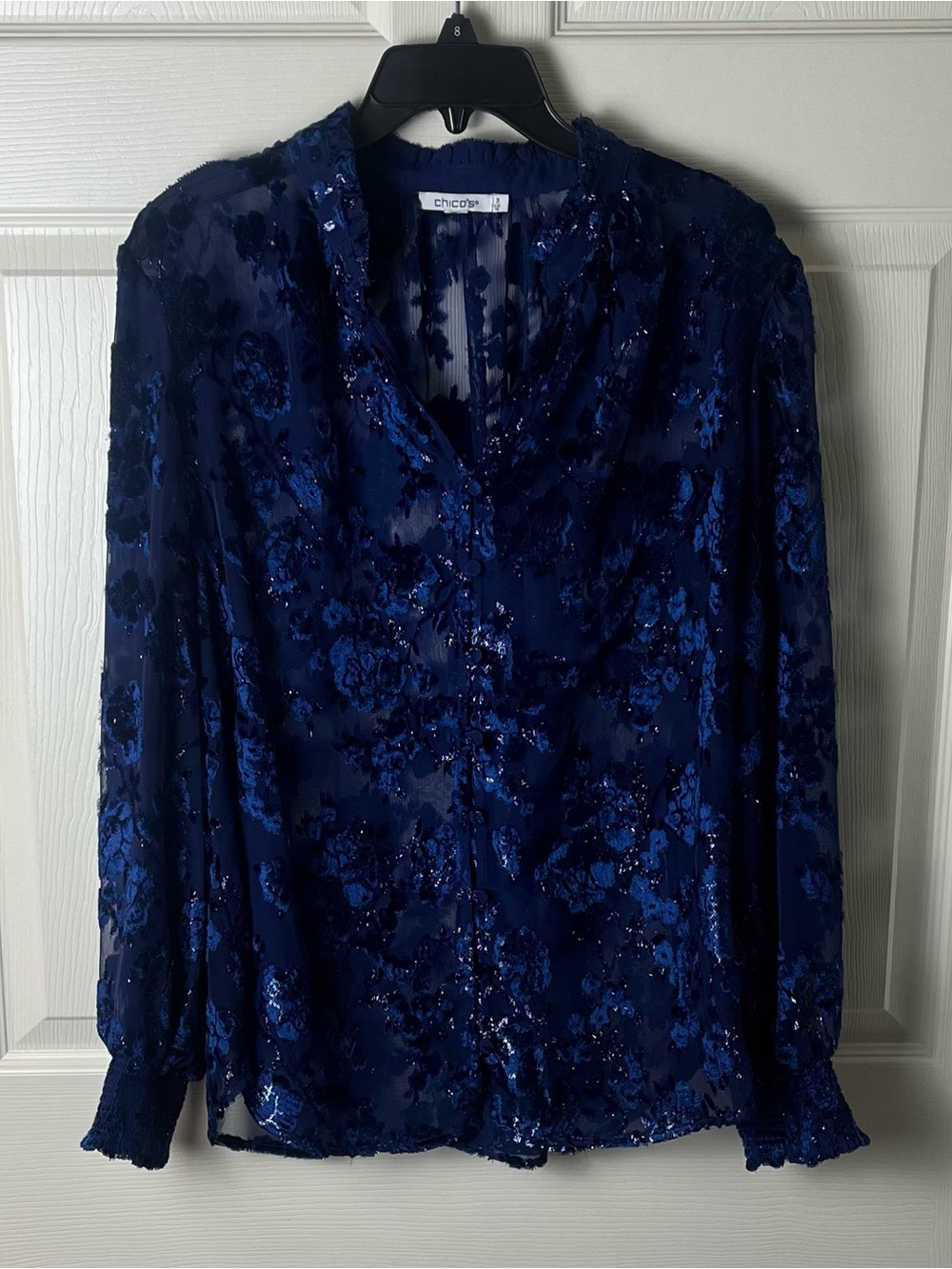 Chico's Navy Blue Sheer Floral Sequin Blouse